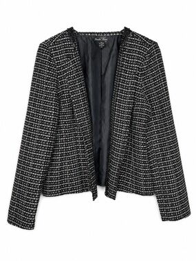 Brandon Thomas Black White Tweed Open Front Blazer Jacket Chain Trim Size 14